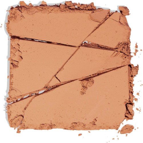 Trasig och sprucken bruns face powder med fyra sektioner, några fragment saknas, på en vit yta.