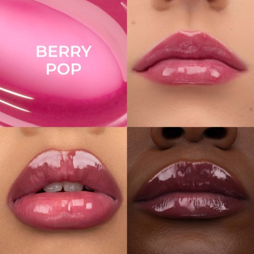 En rosa glansetikett som säger Berry Pop och fyra bilder visar glansiga, färgglada läppar i olika hudtoner.