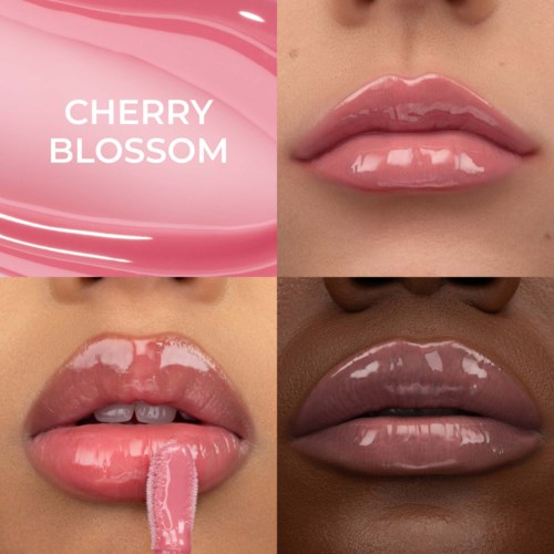 En logga säger Cherry Blossom, med nära bilder av glänsande läppar i olika hudtoner med rosa läppglans.