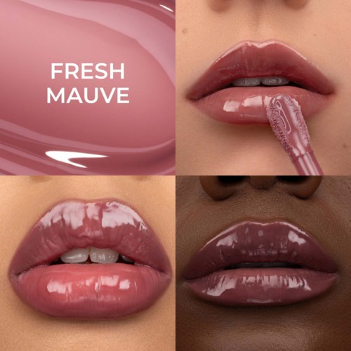 En fyrdels collage som visar olika nyanser av mauve läppstift och en skylt som säger Fresh Mauve.