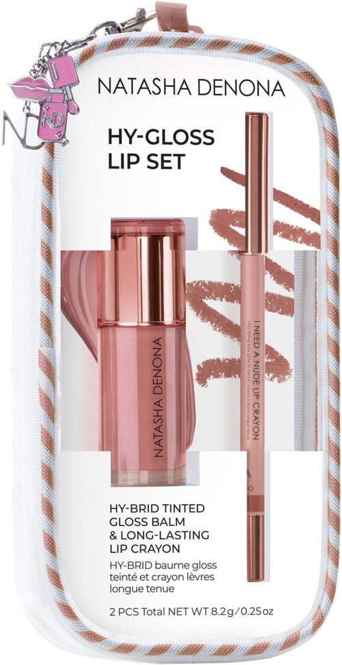 Lip gloss set with a tinted gloss and long-lasting crayon in rose gold packaging, displayed in a clear case with branding.
