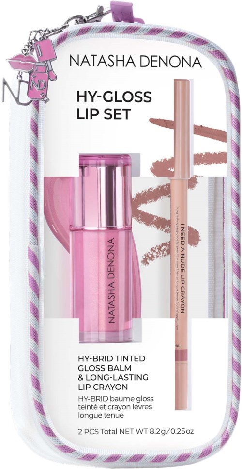 Lip gloss set including a pink tinted gloss, long-lasting lip crayon, and clear gloss in a transparent pink case.