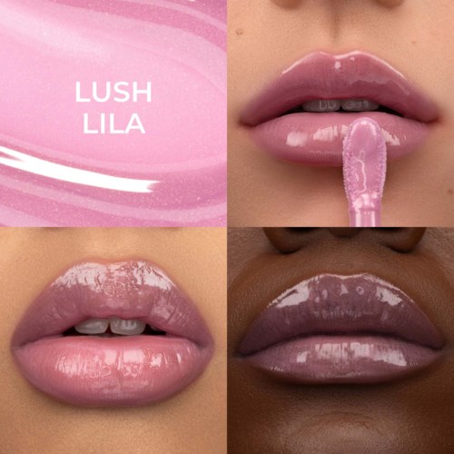 Läppglans appliceras på tre olika läppar, med Lush Lila-logotyp i hörnet.