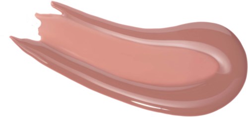 Ein beige Lippenstiftstrich mit Glanz auf schwarzem Hintergrund.