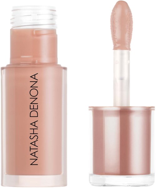 Lippengloss in hellem Rosa mit Applikatorschwamm und rosa Verpackung mit Natasha Denona-Logo.