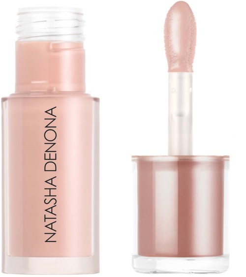 Lippen gloss in einer klaren Flasche mit pinkem Glanz und weißem Deckel mit Applikator.
