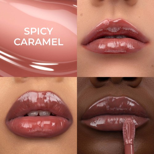 Fyra bilder visar glansiga, karamellfärgade läppar, en bild har texten: Spicy Caramel.