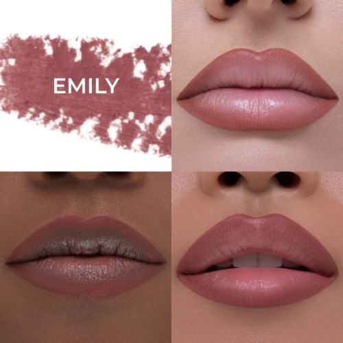 Illustration mit dem Namen Emily und Lippen mit neutralem rosa Lippenstift.