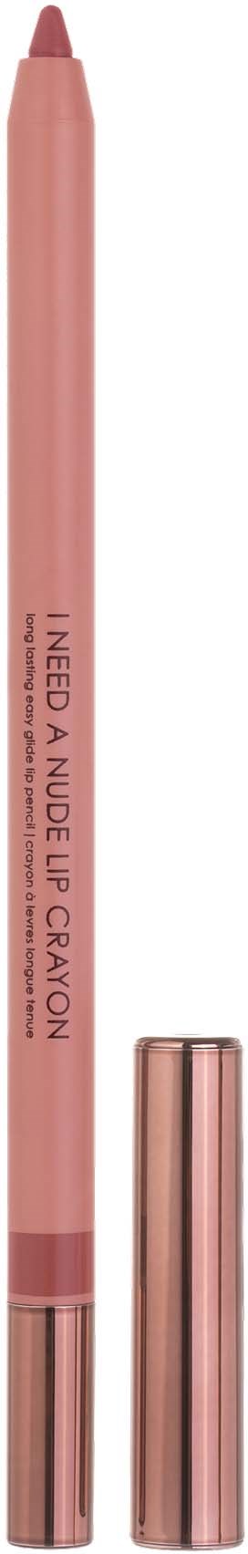 Ein rosa Lippenkonturenstift mit Deckel, beschriftet I Need A Nude Lip Crayon, steht aufrecht.