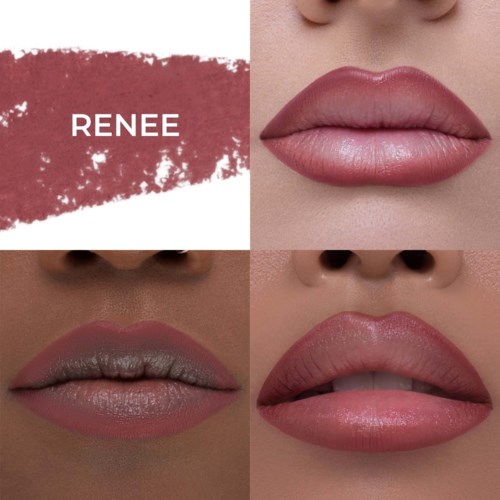 Nahaufnahme von Lippen mit verschiedenen Lippenstiftfarben und Texturen. Renee-Logo erscheint auf einem rosa texturierten Hintergrund.