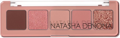 A pink eyeshadow palette with four shades: matte brown, pink glitter, light pink, and gold glitter.