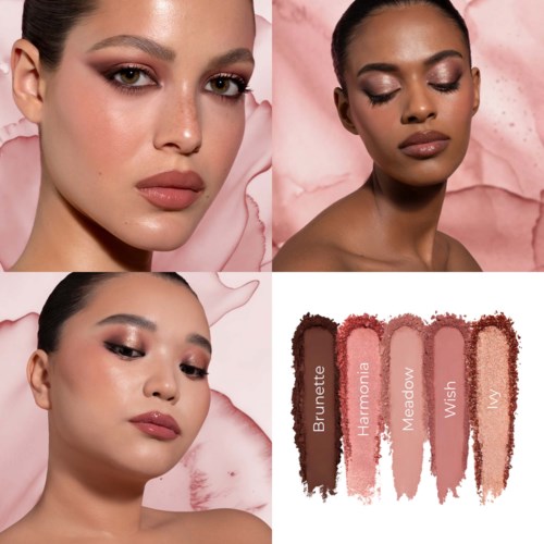 Three women with different makeup looks and a palette of five blush shades labeled Brunette, Harmonia, Meadow, Wish, and a shiny highlighter.
