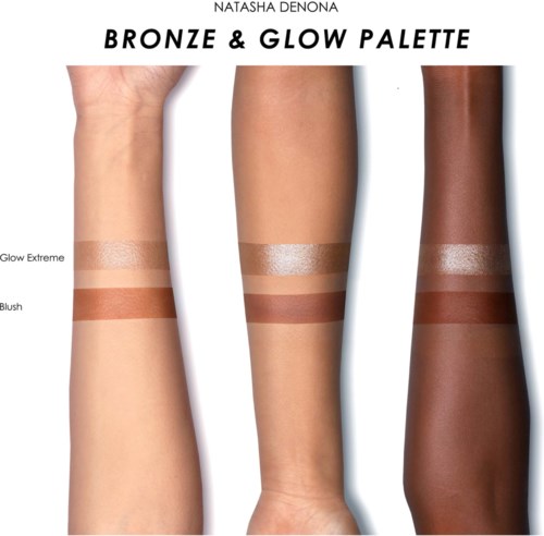 Prøve av bronse- og glow-makeupnyanser på tre armer i ulike hudtoner. Merker: Glow Extreme og Blush.