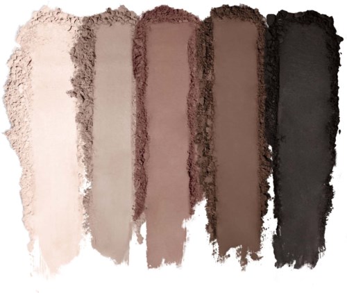 Fem vertikala linjer av ögonskugga i nyanser från ljus beige till svart, med texturerade kanter.