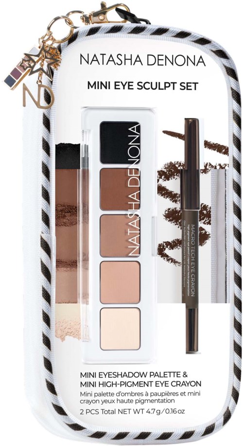 Natalia Denona mini eye palette with four neutral eyeshadow shades and a small eye crayon in packaging.