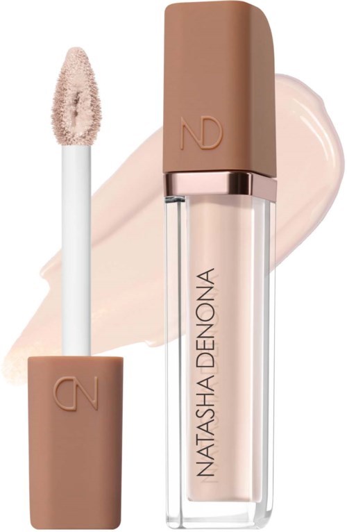 Lip gloss tube with a beige cap and applicator, and a swatch of gloss behind it.