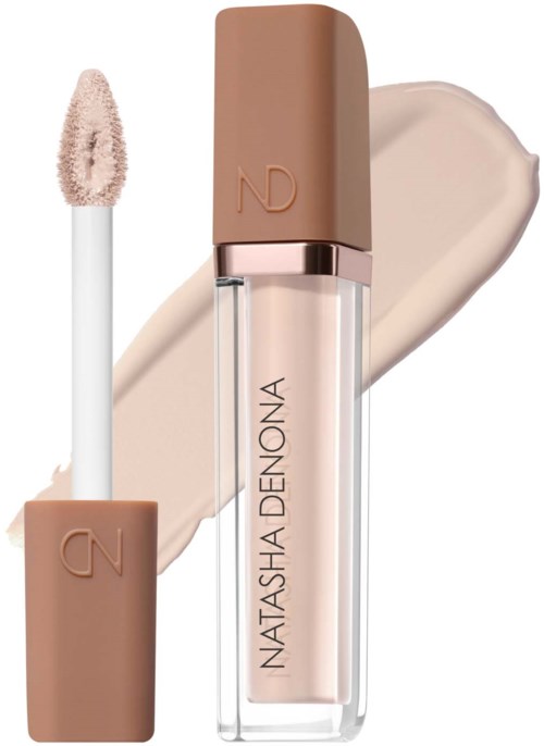 Lip gloss in a clear tube with a beige cap and applicator brush, in front of a swatch of the gloss.