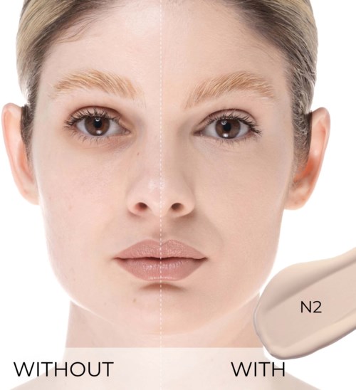 Side-by-side comparison of skin with and without N2 skincare product, showing clearer skin on the right.