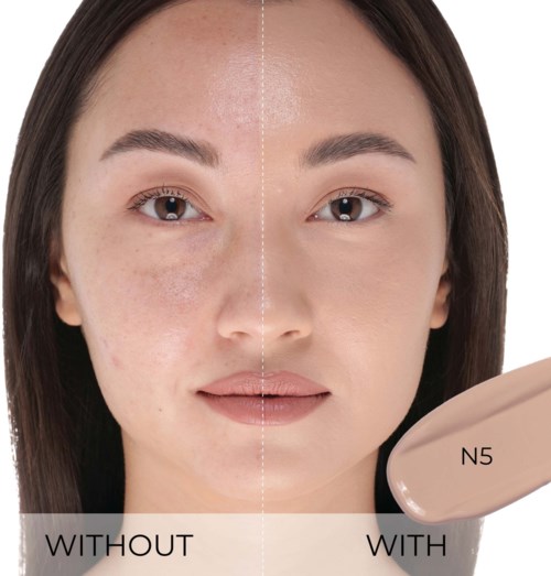 Before and after comparison showing skin clear and smooth after makeup application.