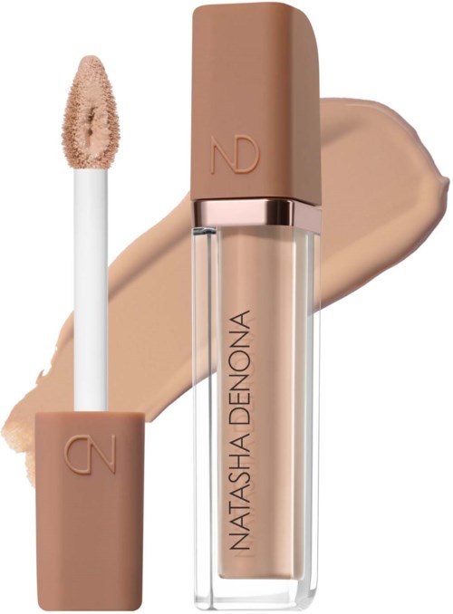 Liquid concealer in a clear tube with beige cap and applicator, with swatch of product on background.