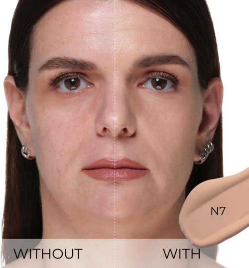 Before and after comparison of a woman’s face showing skin improvements with a cosmetic product. Cover-up makeup application. N7 foundation.