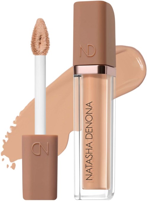 Lip gloss tube with beige cap and applicator, swatched on background, branded Natasha Denona.