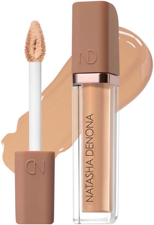 Lip gloss tube with beige cap and applicator, and beige liquid inside, with a swatch of gloss on background.
