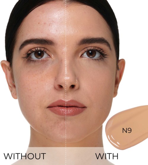Split face image showing before and after applying N9 foundation. Clear skin on the right, some blemishes on the left.