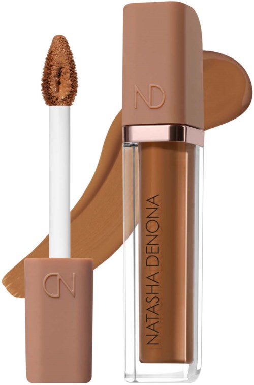 Lip gloss with a beige tube, clear window showing the color, and a wand applicator with brown product.