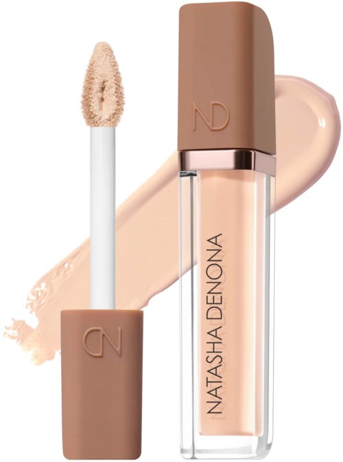 Lip gloss with beige shade and applicator stick in front of a swatched background.
