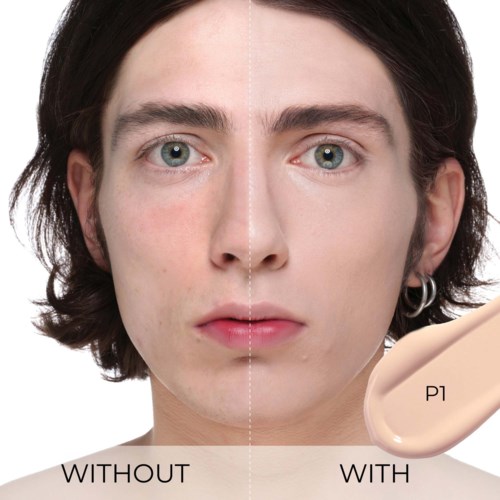 Split image showing a person's face before and after using a skincare product. The right side looks clearer and smoother.