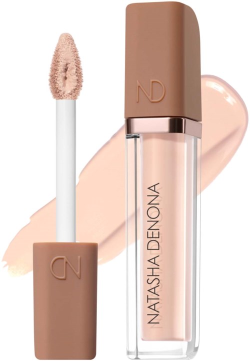 Lip gloss in beige shade with a clear tube and a beige cap featuring NATAISHA DENONA logo.