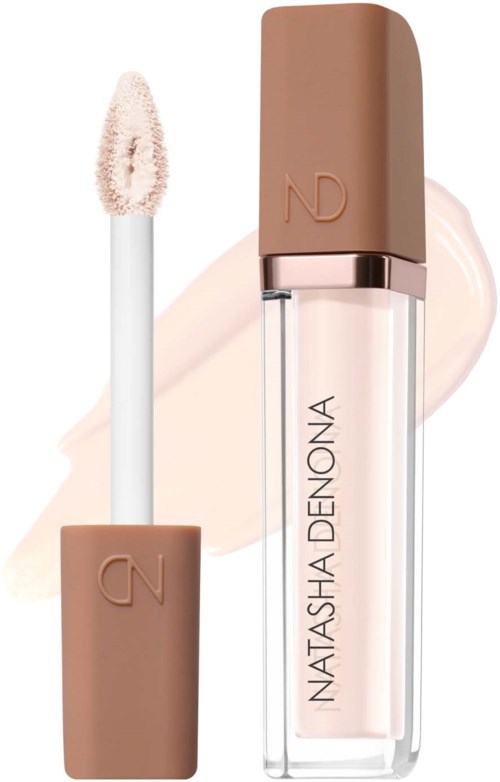 Lip gloss with a beige cap and a transparent tube, labeled Natasha Denona, shown with a swatch background.