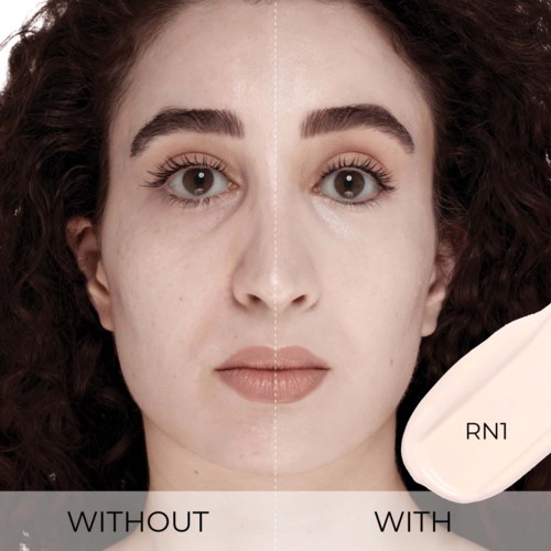 Before and after image of a woman showing facial skin improvement with skincare treatment, labeled without and with product RN1.