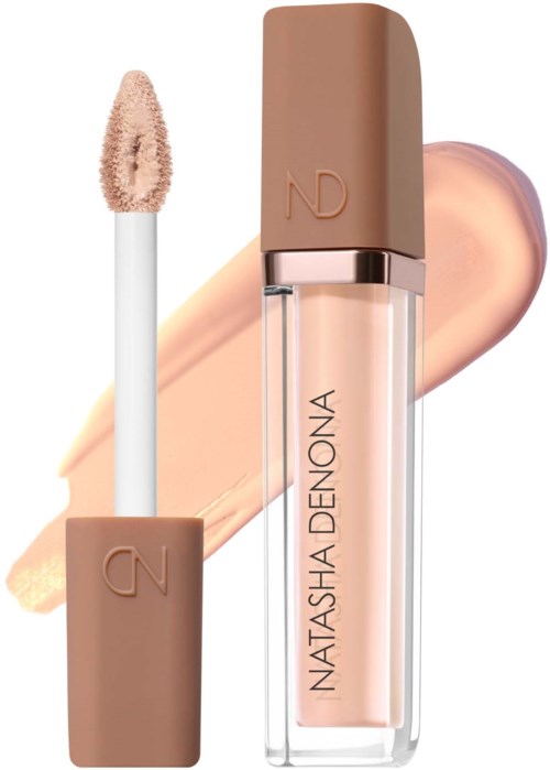 Lip gloss with a beige cap and applicator, in front of a swatch of the gloss on skin.