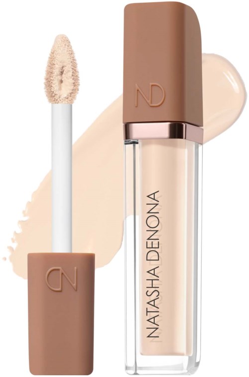 Lip gloss with beige lipstick tube and applicator stick, brand Natasha Denona, on a light background.