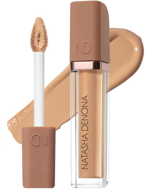 Lip gloss in clear bottle with beige cap, labeled Natasha Denona, with swatch of gloss behind.