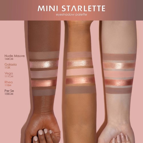 Six arms show different nude eyeshadow shades with labeled measurements, from light to dark, on a pink background.