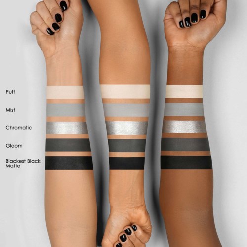 Bildet viser tre armer med ulike svarte og beige sminkestiler, merket Puff, Mist, Chromatic, Gloom og Blackest Black Matte.