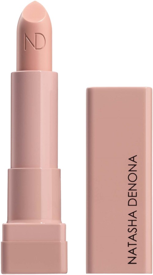 Hellrosa Nude-Lippenstift mit rechteckigem Deckel mit schwarzem Text Natasha Denona.