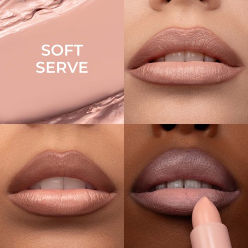 Nahaufnahme von Lippen mit verschiedenen Lippenstiftfarben, eine mit Lipbalm als Soft Serve. Zeigt vier verschiedene Lippenlooks.