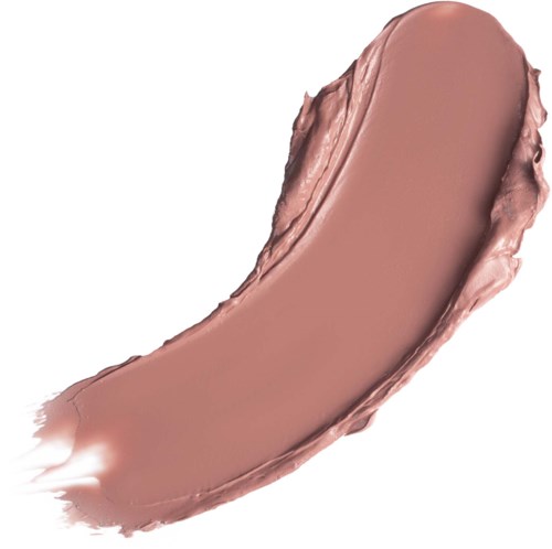 Cremiger hellbrauner Make-up-Probestreifen in Bogenform auf weißem Hintergrund.