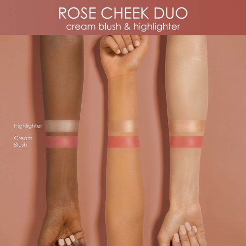 Three arms show different skin tones with makeup swatches for highlighter, cream blush, and highlighter on each.
