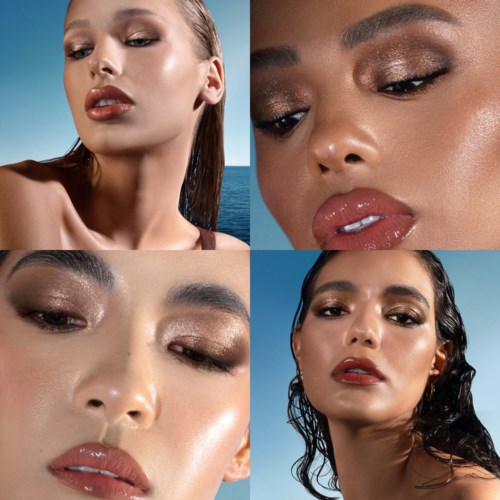 Närbilder av fyra kvinnor med glansig makeup, mörka bakgrunder och olika frisyrer.