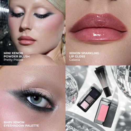 Image collage of makeup products: blush, lip gloss, eye shadow palette, and blush in packaging with a disco ball background.