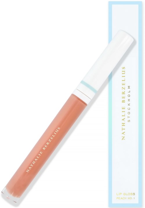 Lipglansrör med persikofärgad gloss och vit topp. Både förpackningen och boxen har ljusa blå detaljer och text.