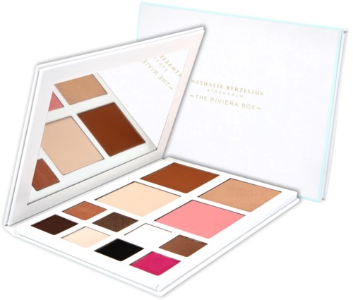 En makeup-palett med många nyanser av brun, rosa, svart och vitt i ett vitt etui med spegel.