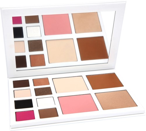 En makeup-palett med olika ögonskuggor och rougefärger, inklusive rosa, brunt, beige och svart.