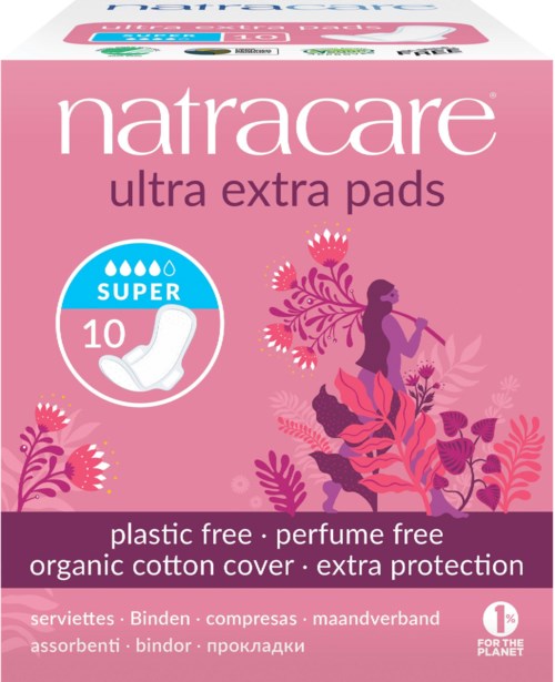Natracare ultra extra bind i rosa eske med blomsterillustrasjon, liten blå sirkel sier 'SUPER 10'.