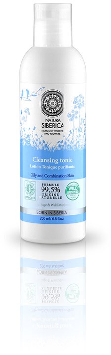 En vit flaska med blå och svart etikett som visar 'Rengöringstonic' för oljig och blandad hud, 200 ml.